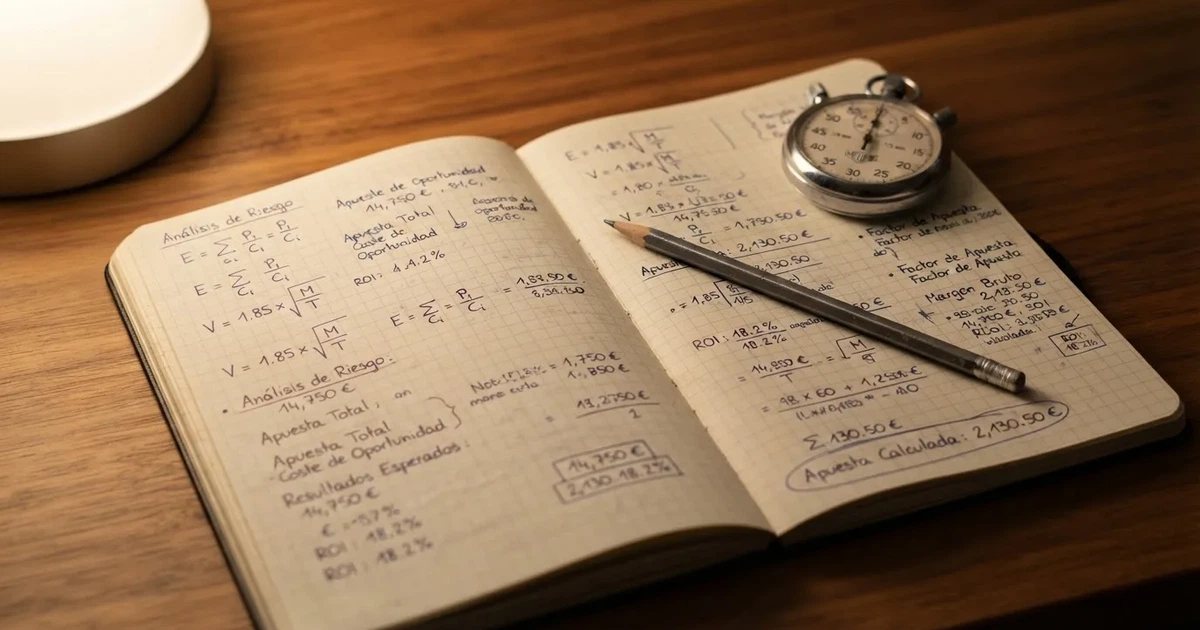 Un cuaderno abierto con un lápiz y un cronómetro sobre una mesa de madera