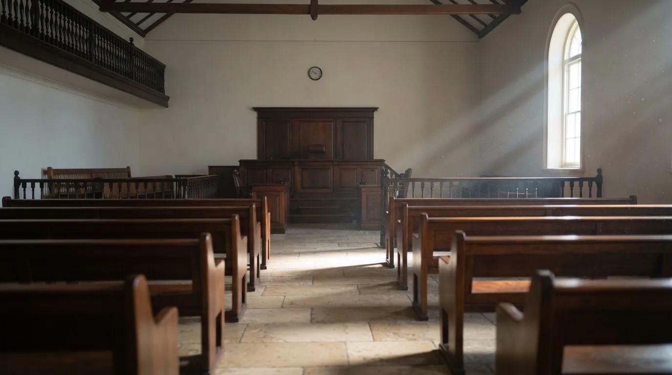 Una sala de tribunal vacía con bancos de madera a la luz de la mañana