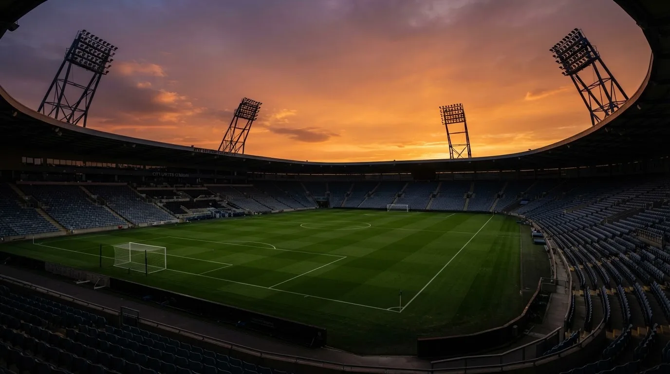 Un estadio de fútbol vacío con torres de iluminación al atardecer