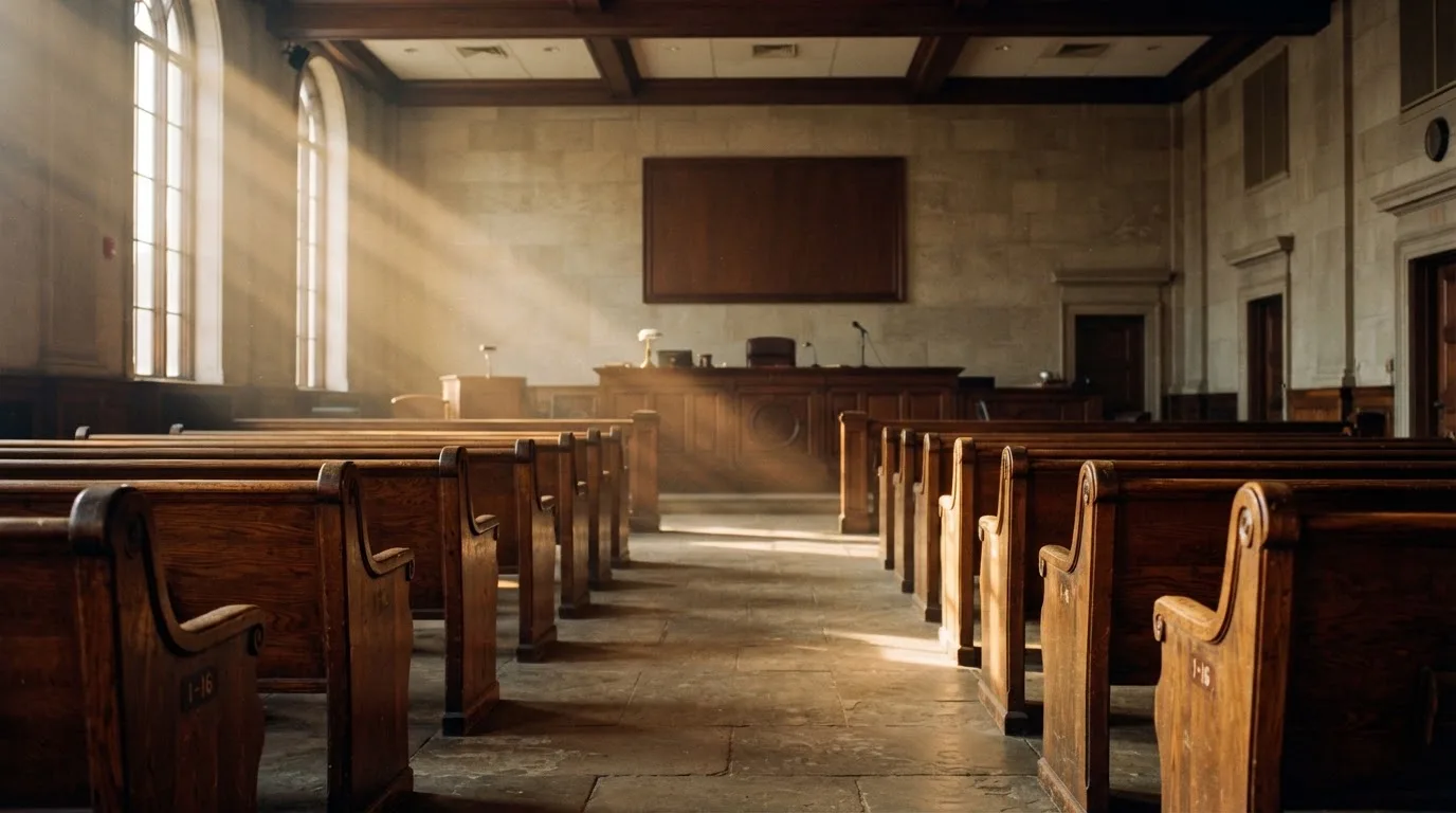 Una sala de tribunal vacía con bancos de madera a la luz de la mañana