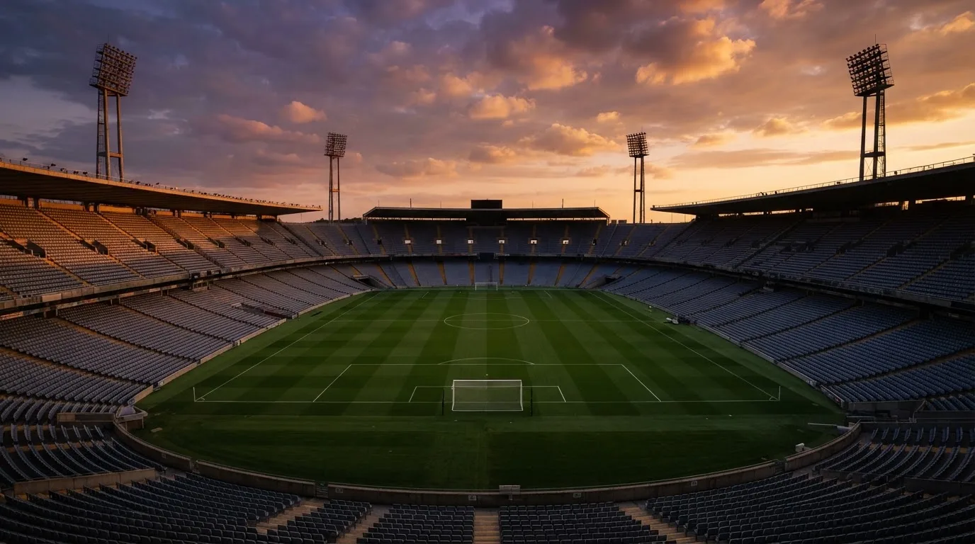Un estadio de fútbol vacío con torres de iluminación al atardecer