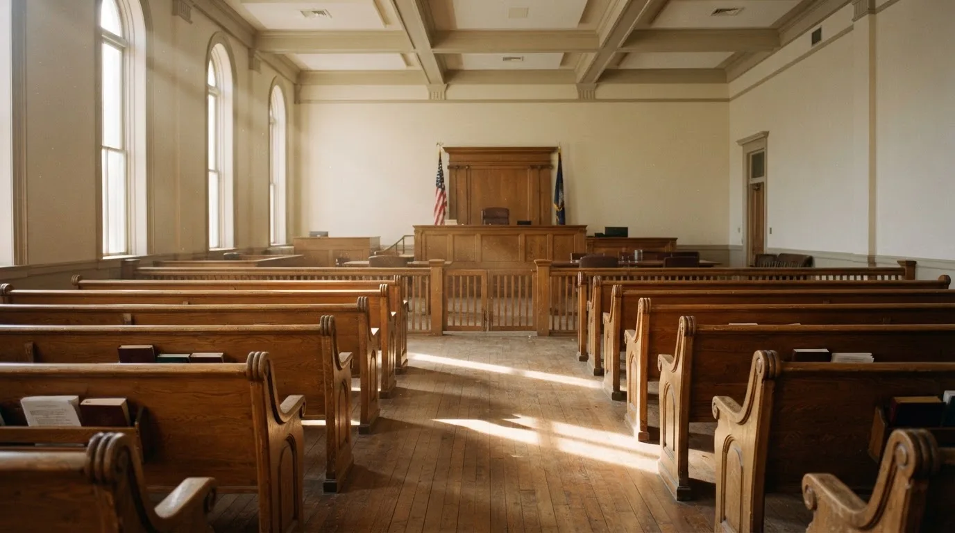 Una sala de tribunal vacía con bancos de madera a la luz de la mañana