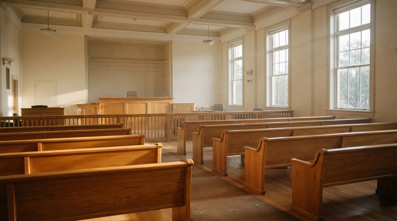 Una sala de tribunal vacía con bancos de madera a la luz de la mañana