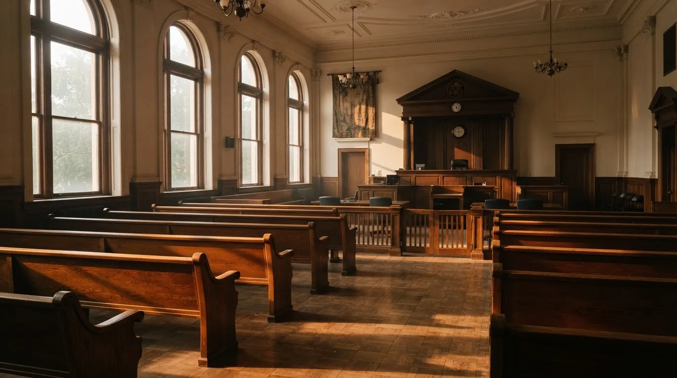 Una sala de tribunal vacía con bancos de madera a la luz de la mañana
