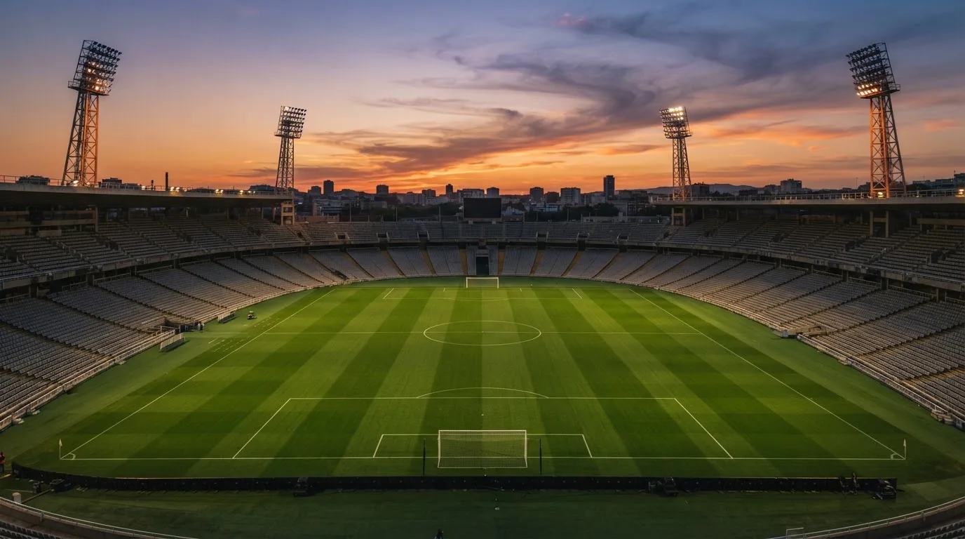 Un estadio de fútbol vacío con torres de iluminación al atardecer