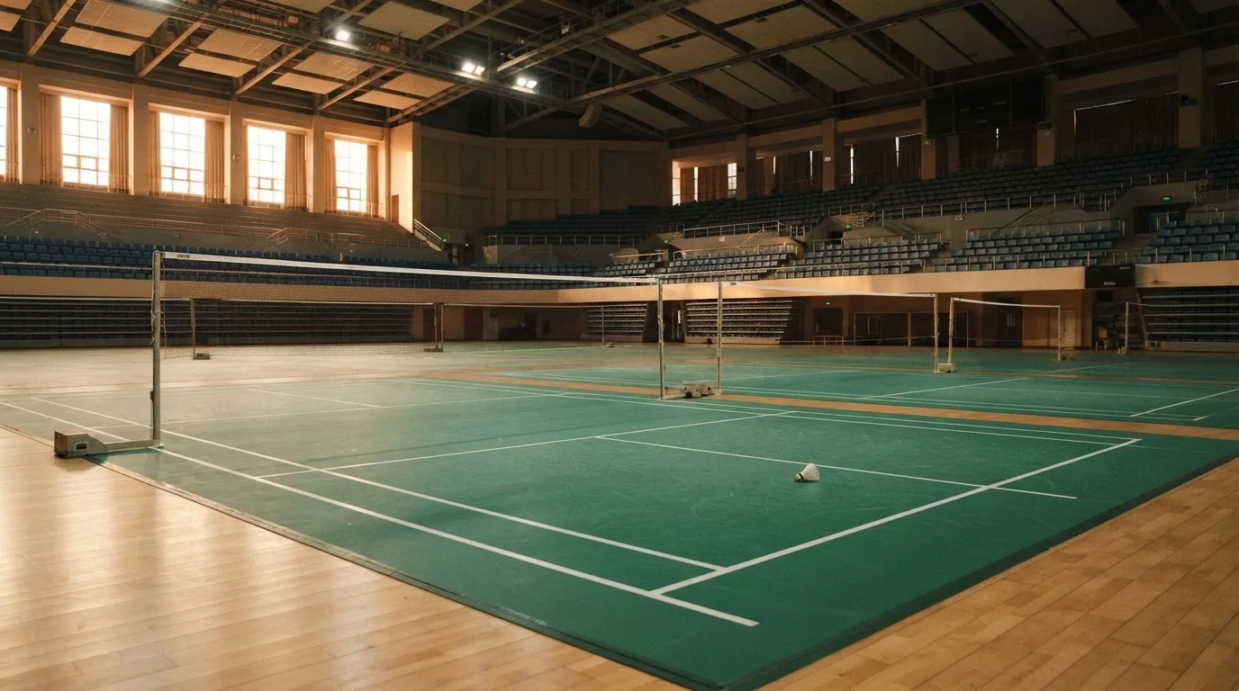 Un estadio de fútbol vacío con torres de iluminación al atardecer