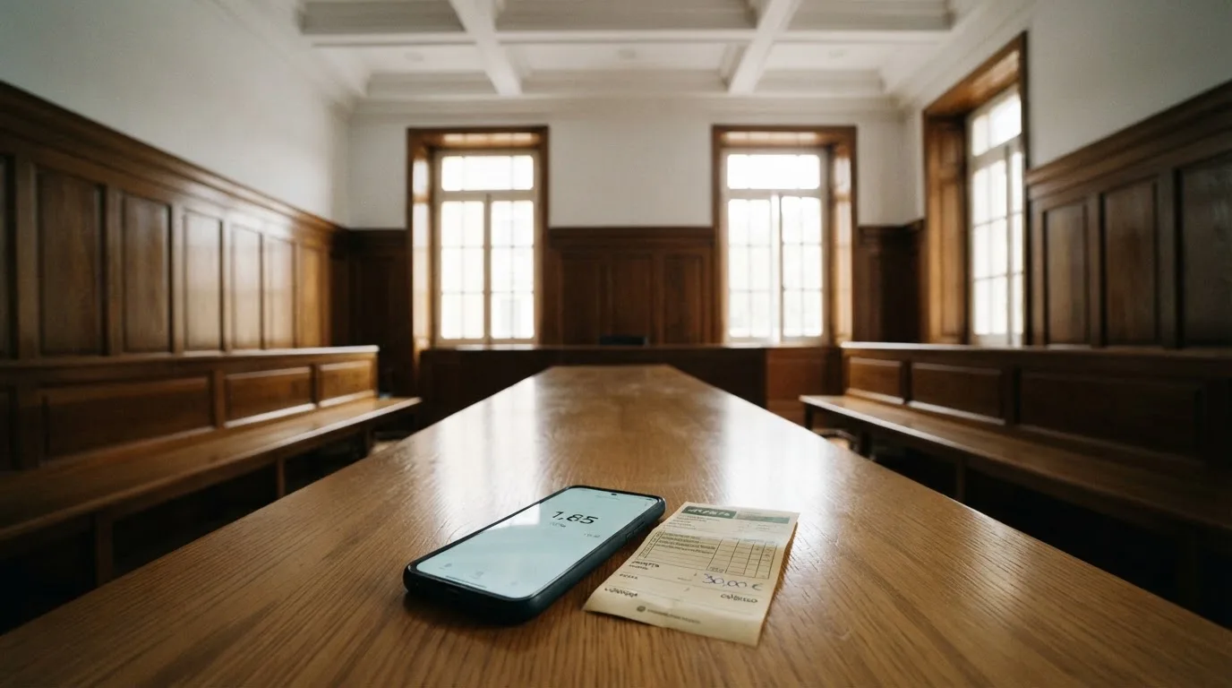 Una sala de tribunal vacía con bancos de madera a la luz de la mañana