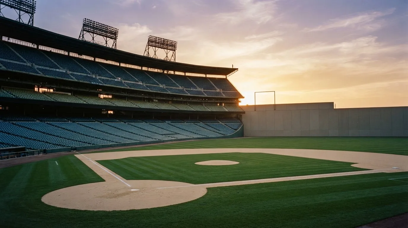 Un estadio de fútbol vacío con torres de iluminación al atardecer