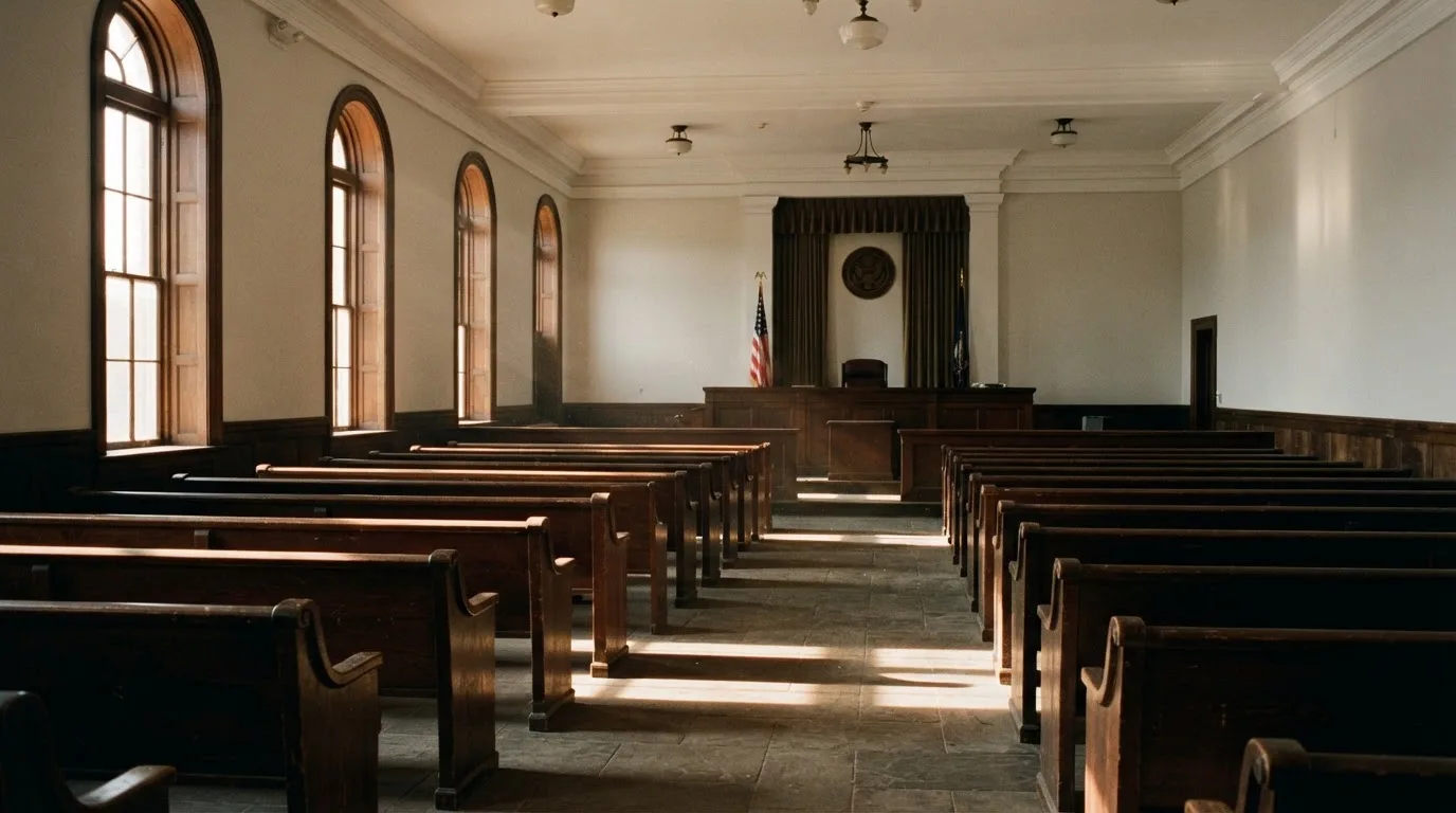Una sala de tribunal vacía con bancos de madera a la luz de la mañana
