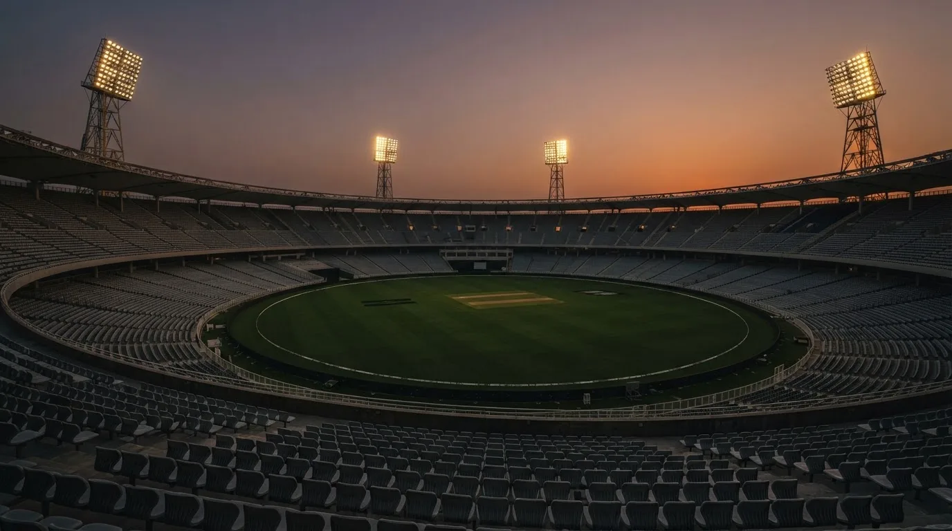 Un estadio de fútbol vacío con torres de iluminación al atardecer