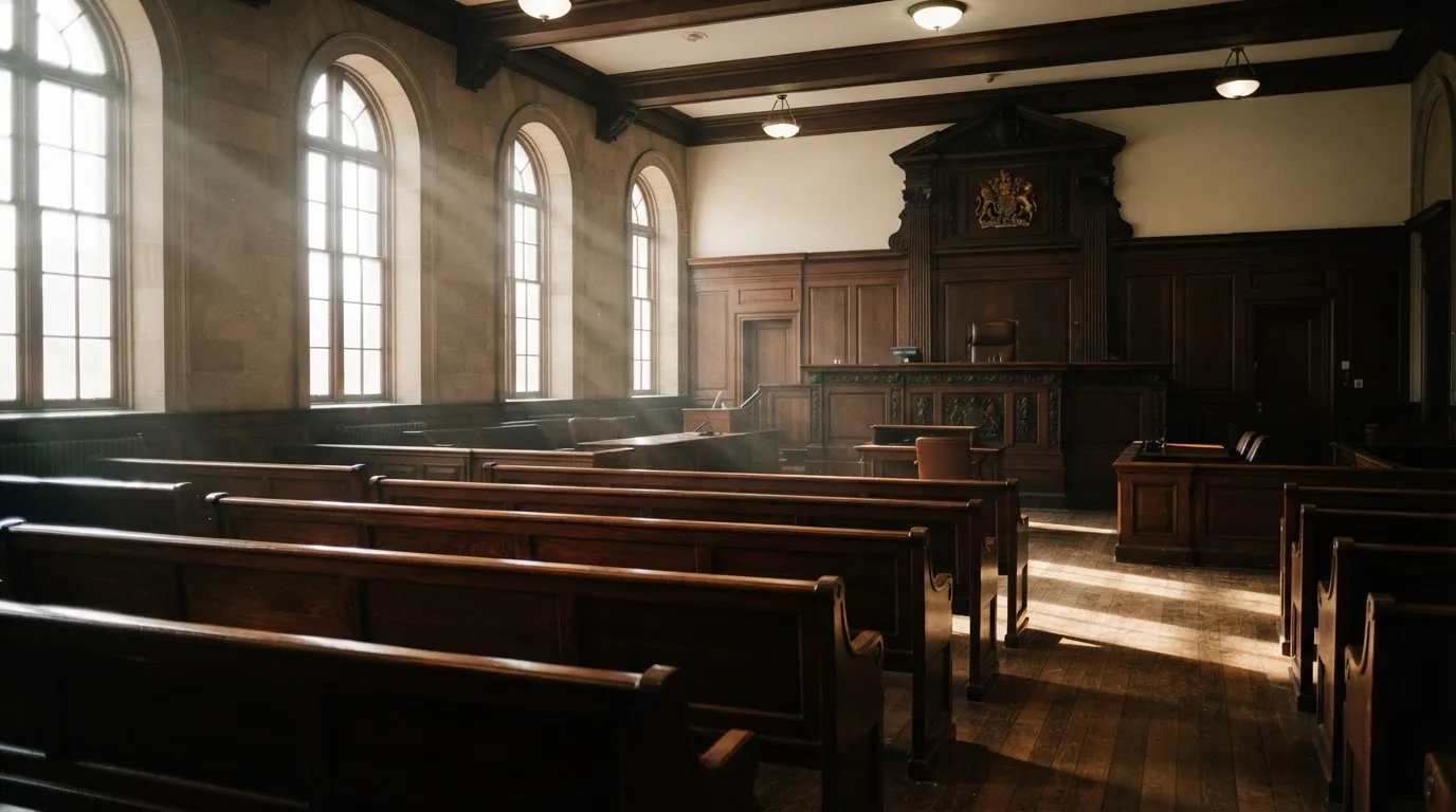 Una sala de tribunal vacía con bancos de madera a la luz de la mañana