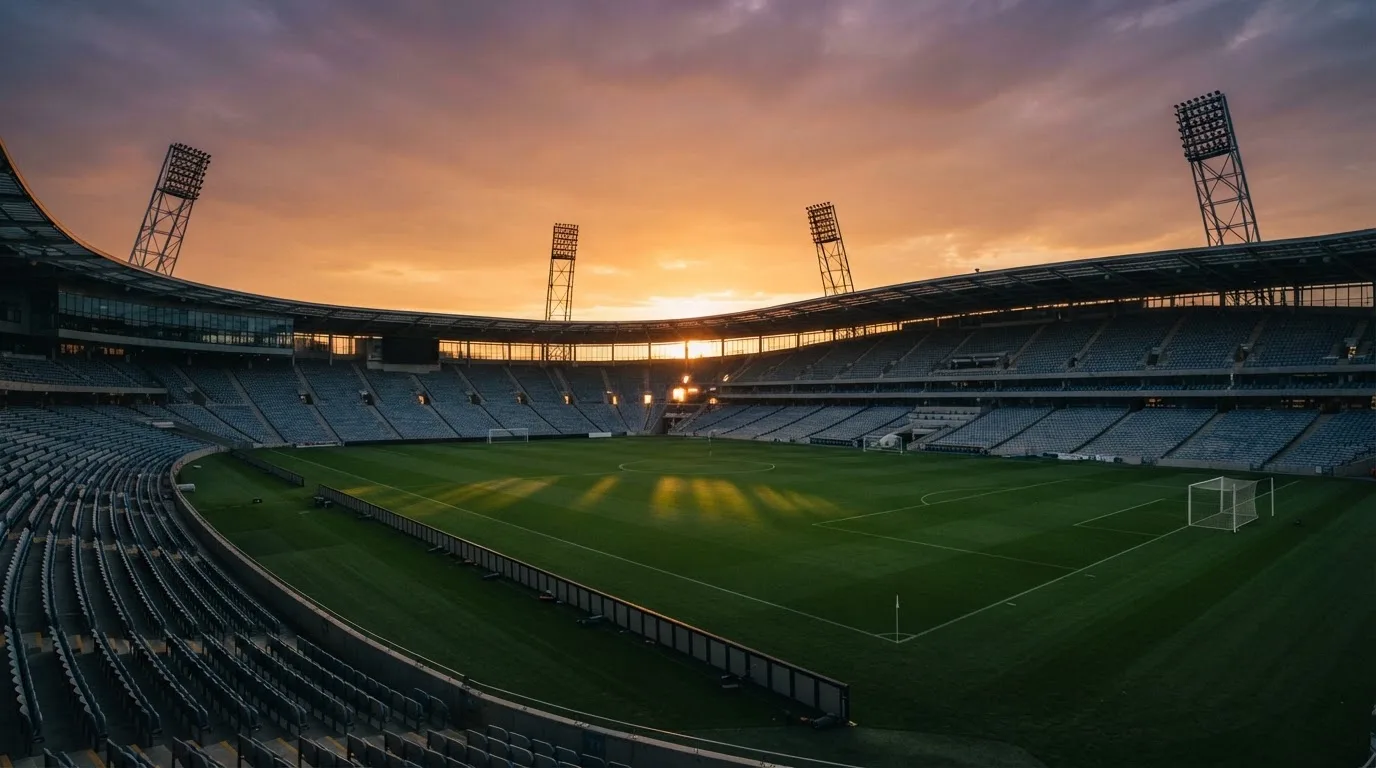 Un estadio de fútbol vacío con torres de iluminación al atardecer