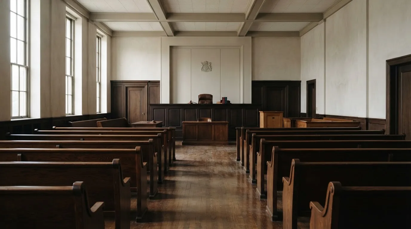 Una sala de tribunal vacía con bancos de madera a la luz de la mañana