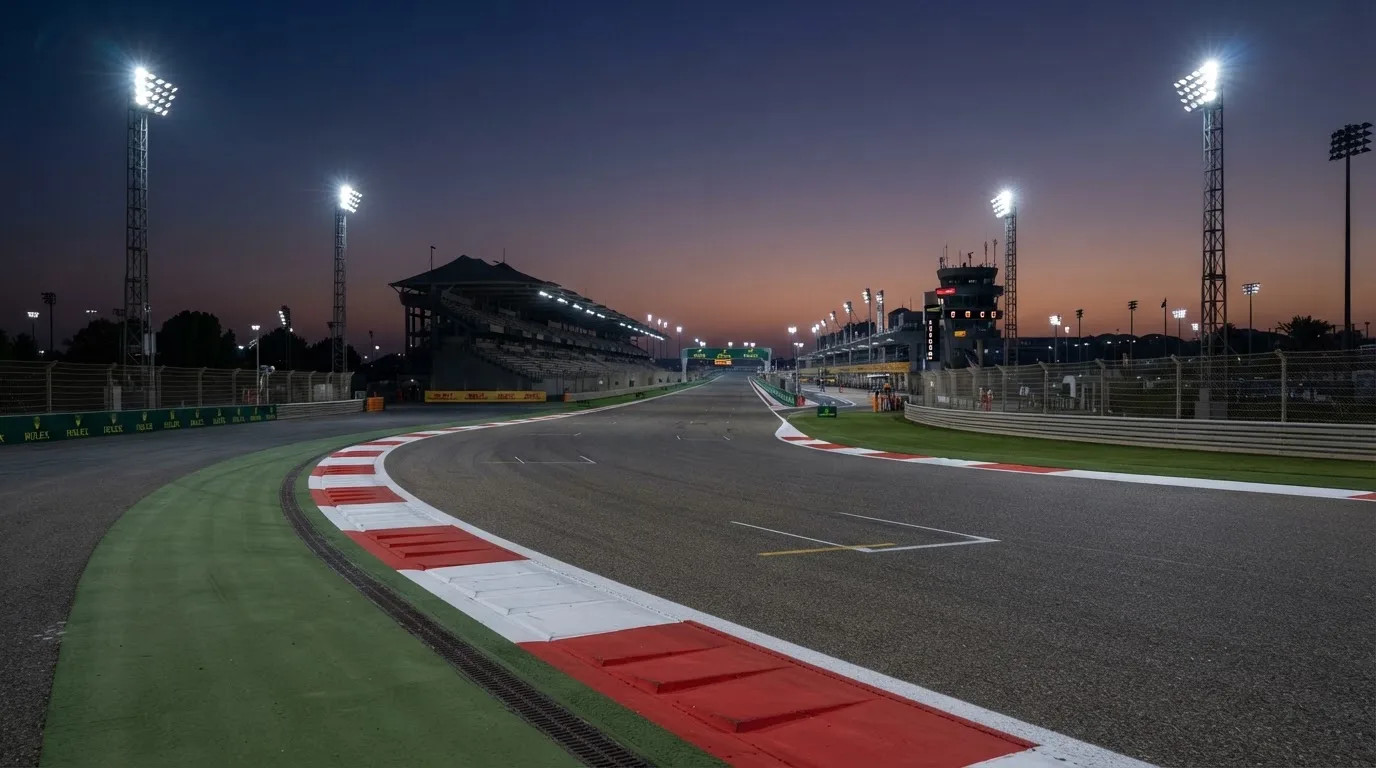Un estadio de fútbol vacío con torres de iluminación al atardecer