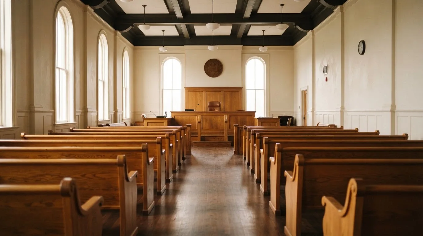 Una sala de tribunal vacía con bancos de madera a la luz de la mañana