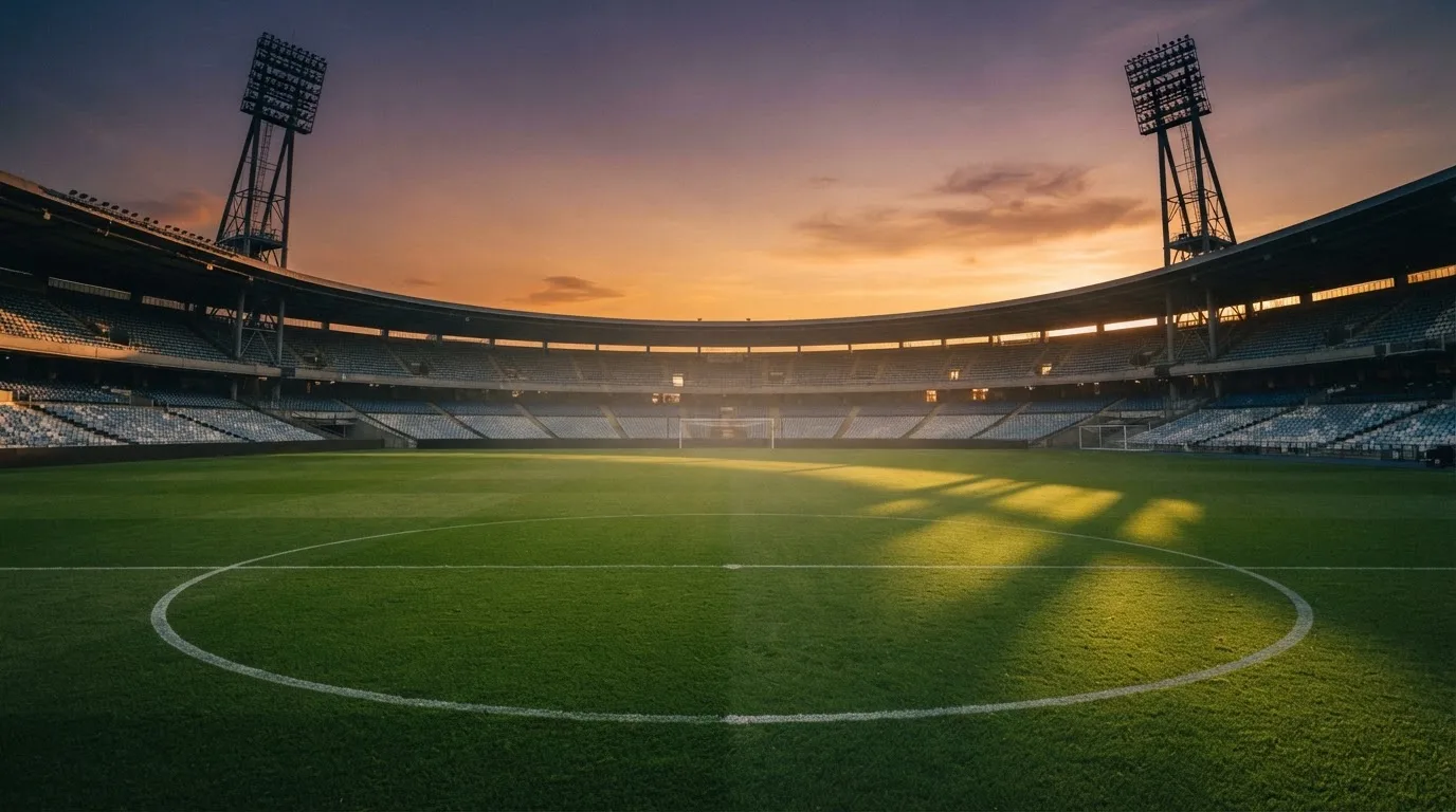 Un estadio de fútbol vacío con torres de iluminación al atardecer
