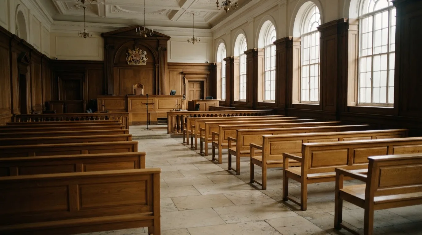 Una sala de tribunal vacía con bancos de madera a la luz de la mañana