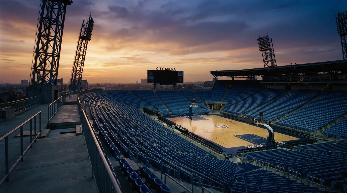 Un estadio de fútbol vacío con torres de iluminación al atardecer