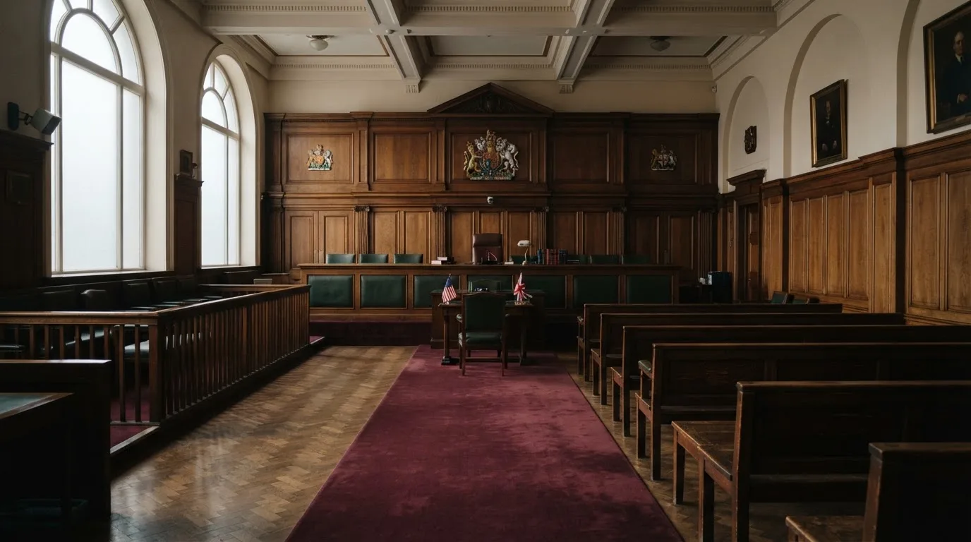 Una sala de tribunal vacía con bancos de madera a la luz de la mañana