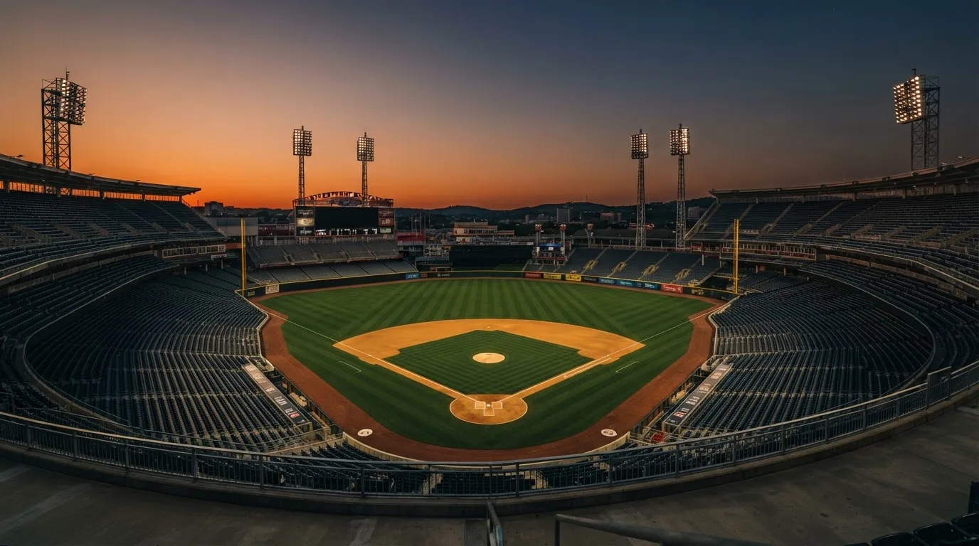 Un estadio de fútbol vacío con torres de iluminación al atardecer
