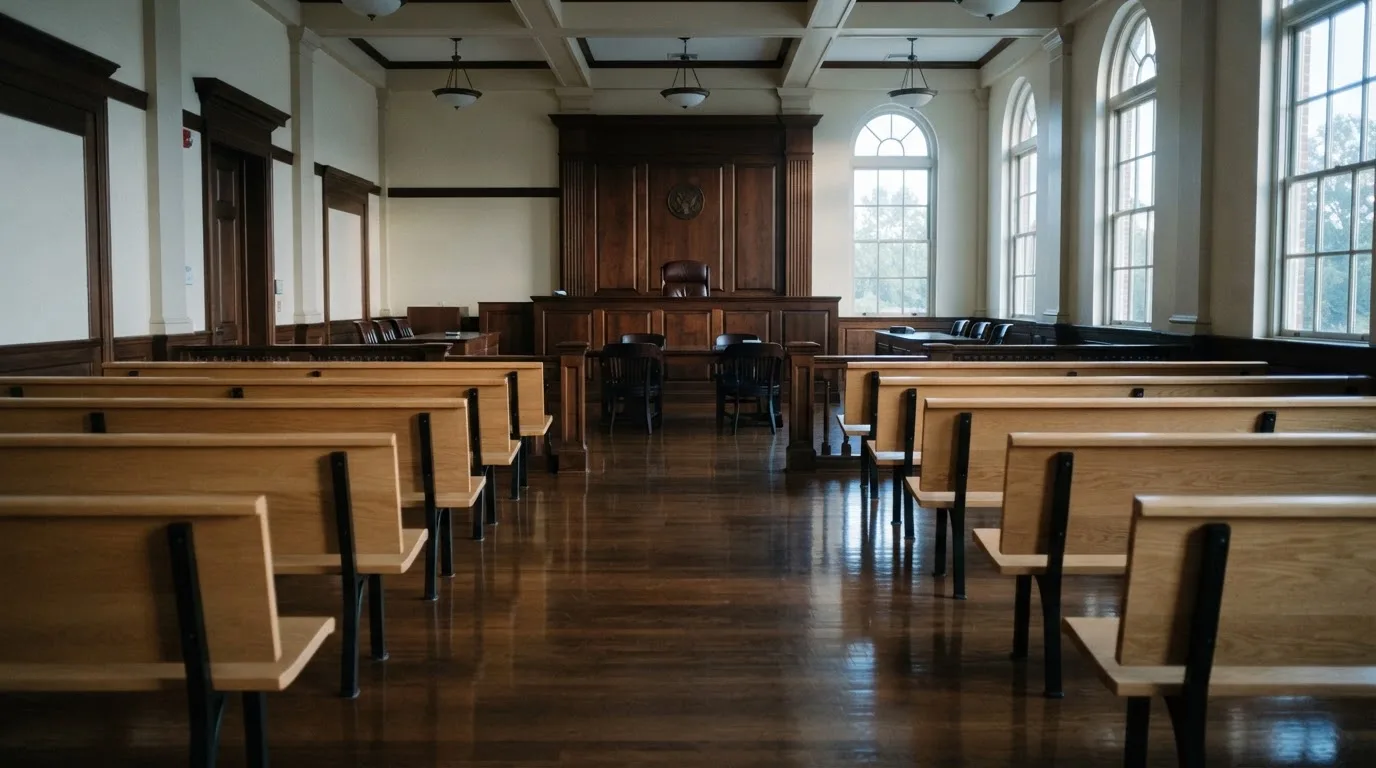 Una sala de tribunal vacía con bancos de madera a la luz de la mañana