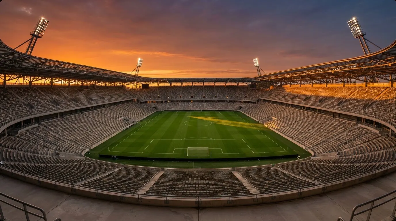 Un estadio de fútbol vacío con torres de iluminación al atardecer