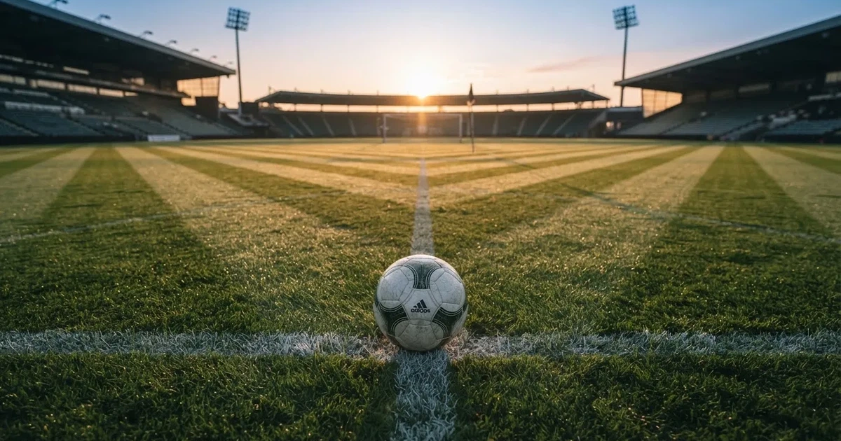 Un balón en el punto central de un campo de césped a la luz de la mañana