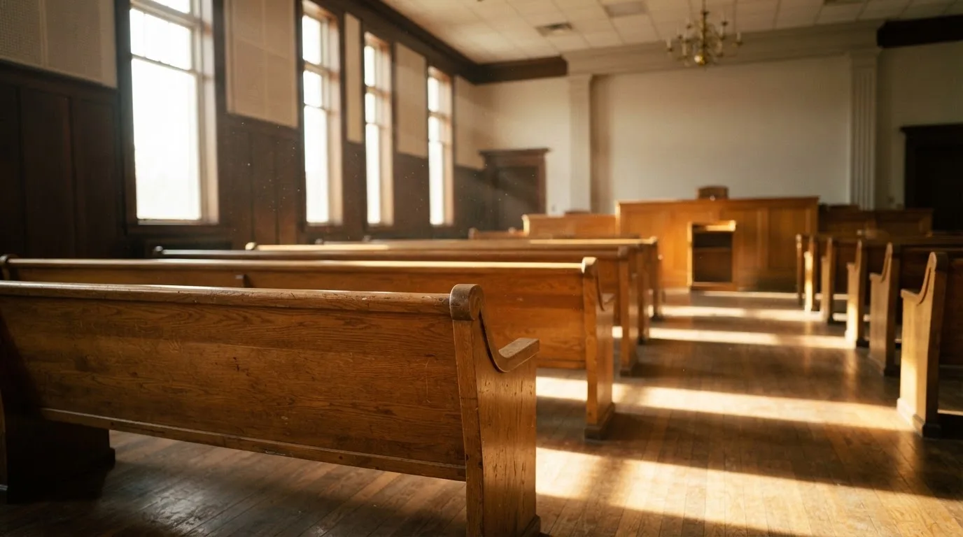 Una sala de tribunal vacía con bancos de madera a la luz de la mañana