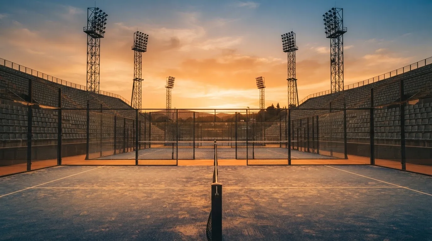 Un estadio de fútbol vacío con torres de iluminación al atardecer