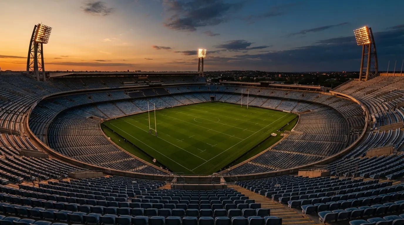 Un estadio de fútbol vacío con torres de iluminación al atardecer