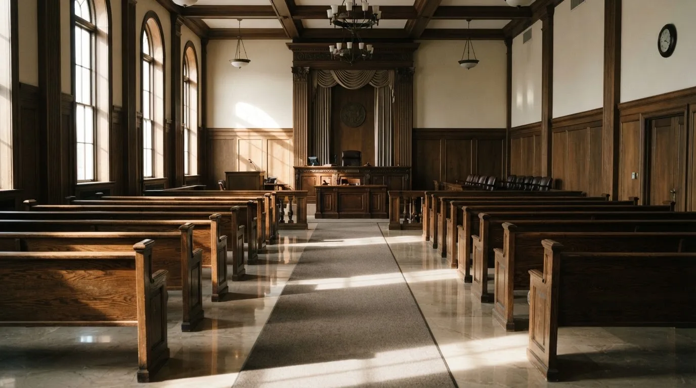 Una sala de tribunal vacía con bancos de madera a la luz de la mañana