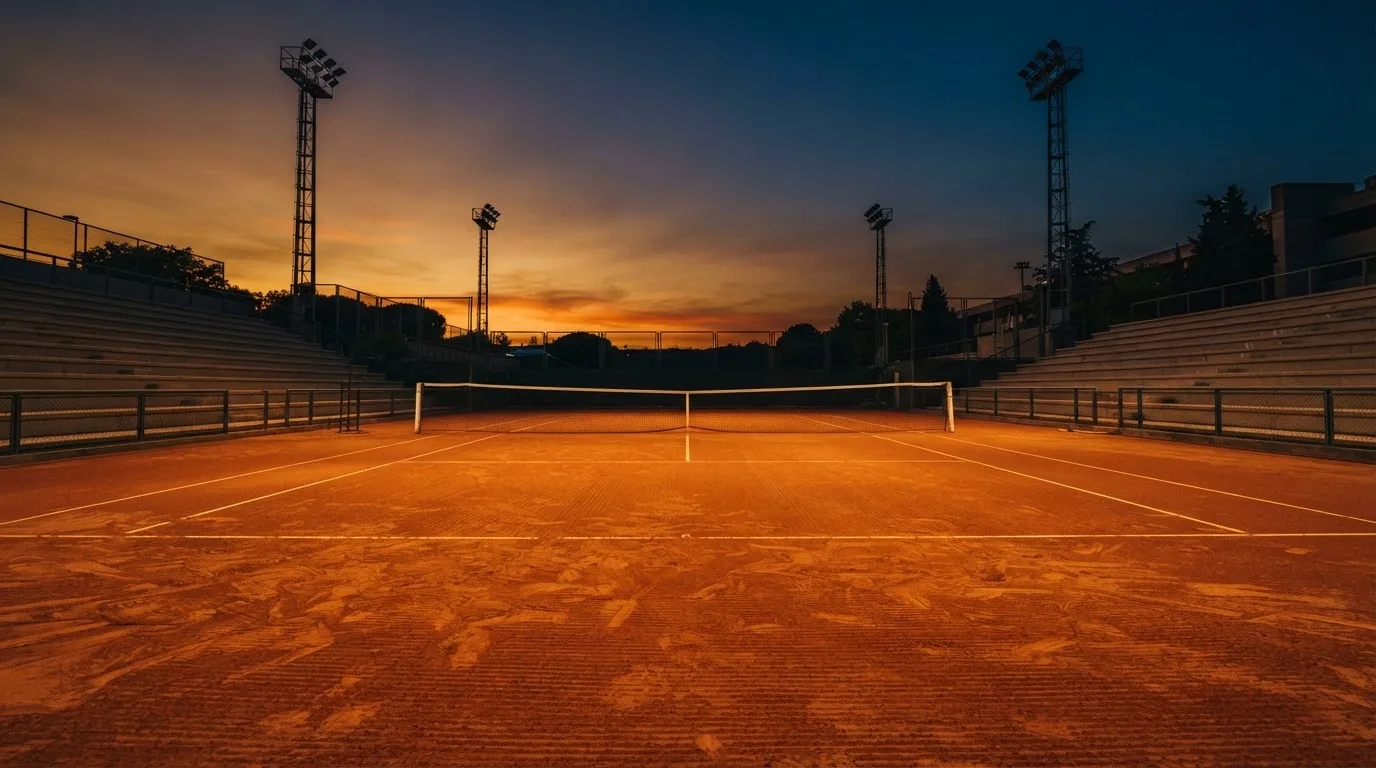 Un estadio de fútbol vacío con torres de iluminación al atardecer