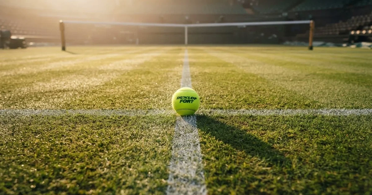 Un balón en el punto central de un campo de césped a la luz de la mañana