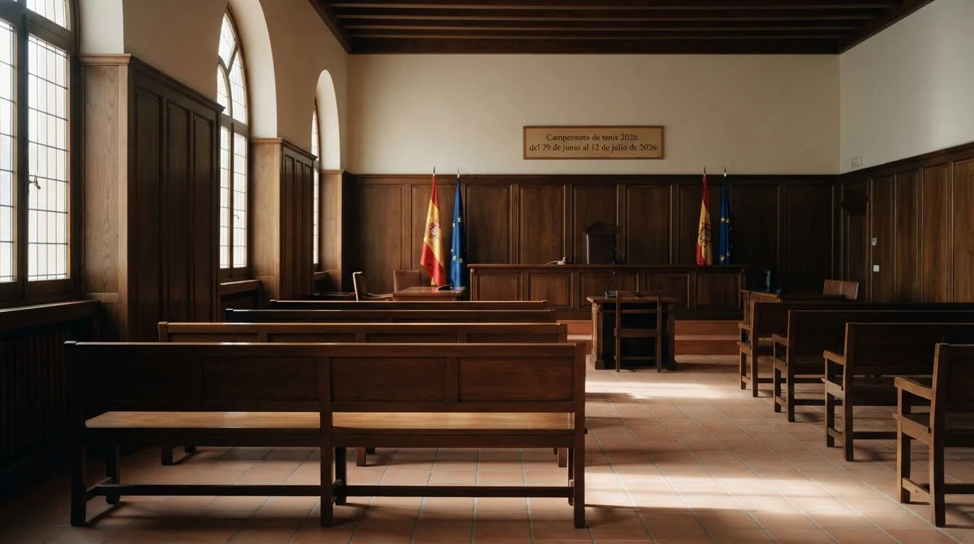Una sala de tribunal vacía con bancos de madera a la luz de la mañana