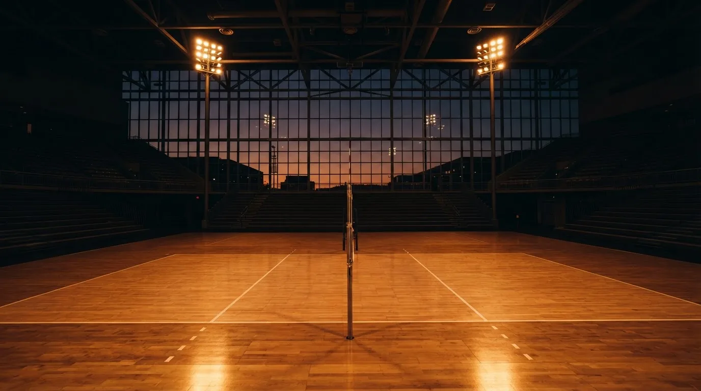 Un estadio de fútbol vacío con torres de iluminación al atardecer