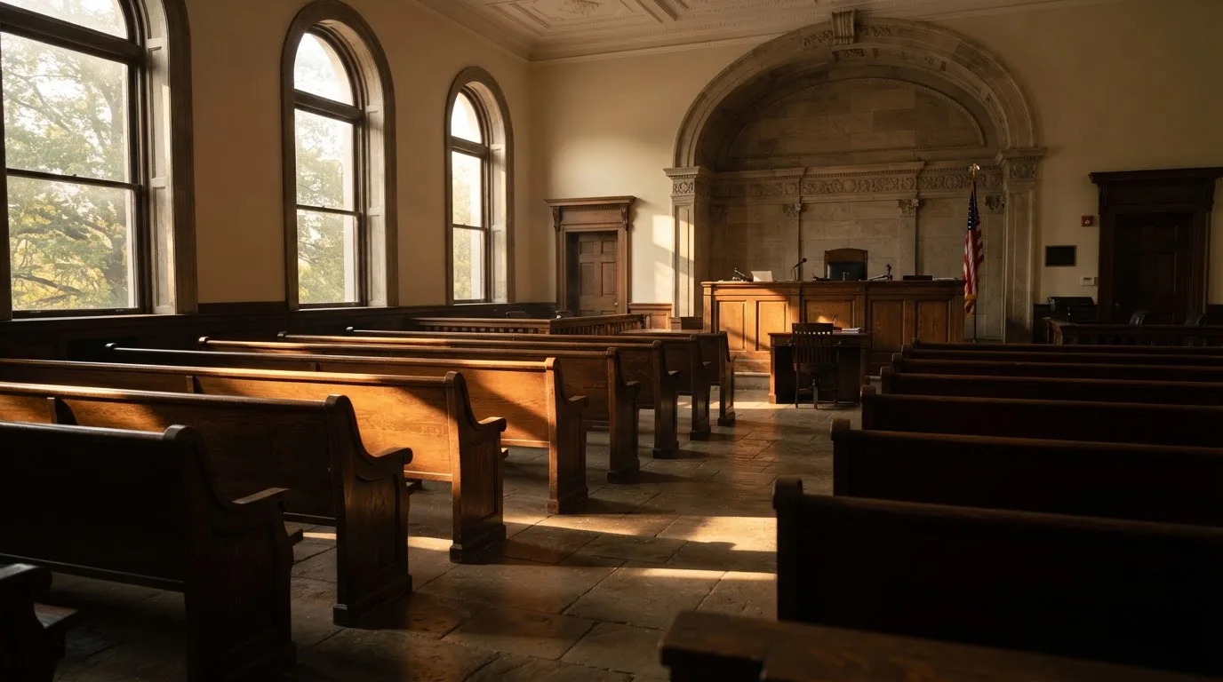 Una sala de tribunal vacía con bancos de madera a la luz de la mañana