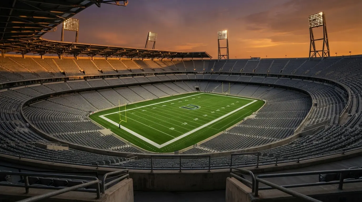 Un estadio de fútbol vacío con torres de iluminación al atardecer