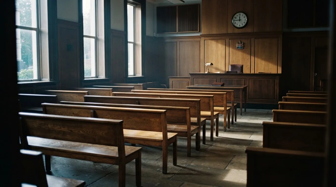 Una sala de tribunal vacía con bancos de madera a la luz de la mañana