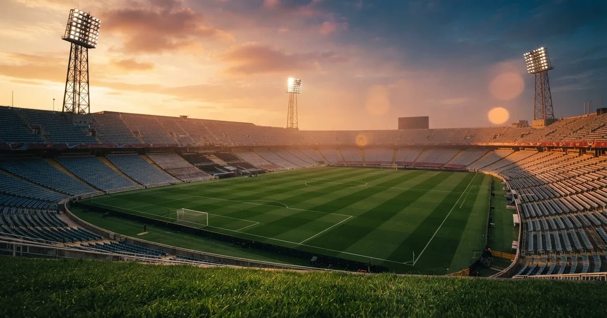 Un estadio de fútbol vacío con torres de iluminación al atardecer