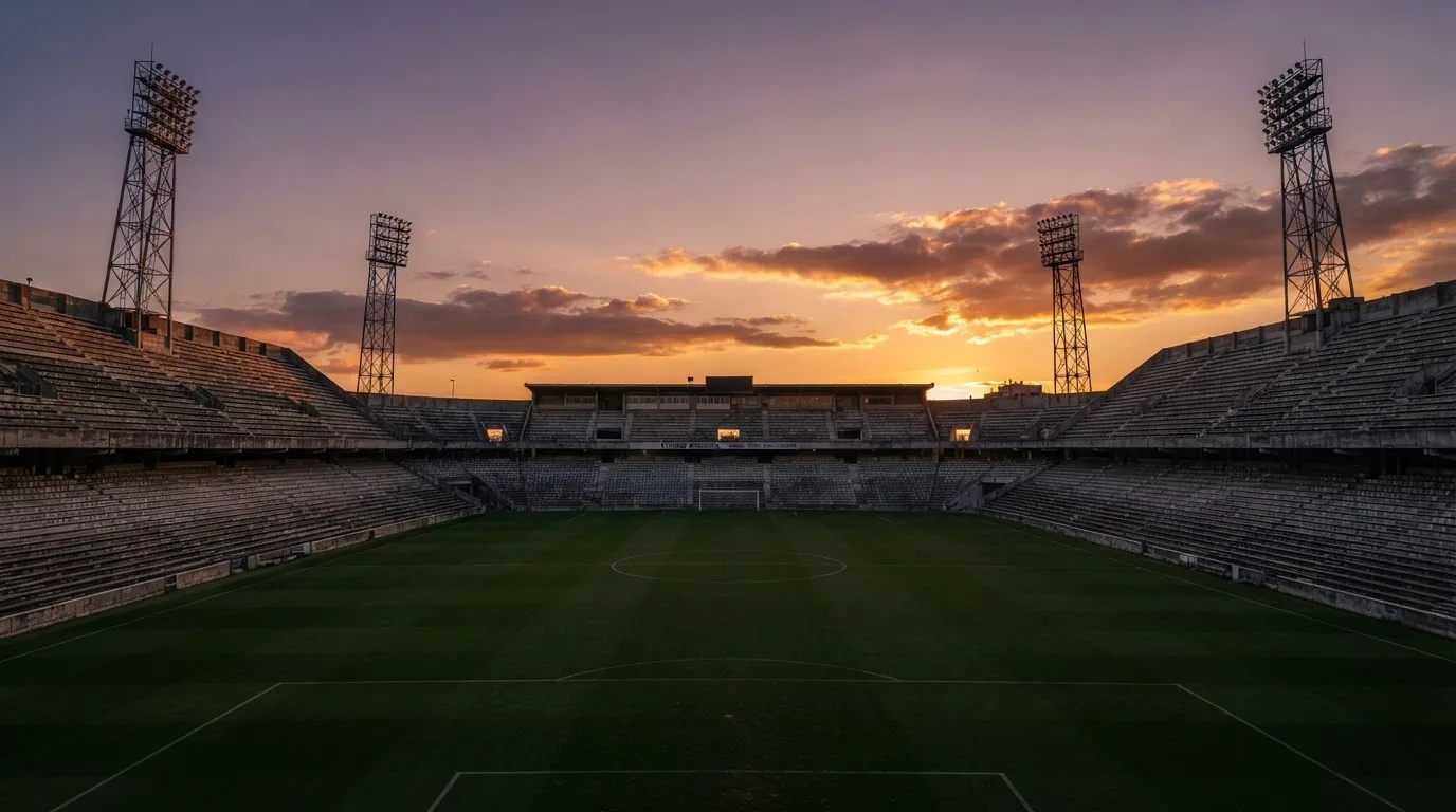 Un estadio de fútbol vacío con torres de iluminación al atardecer