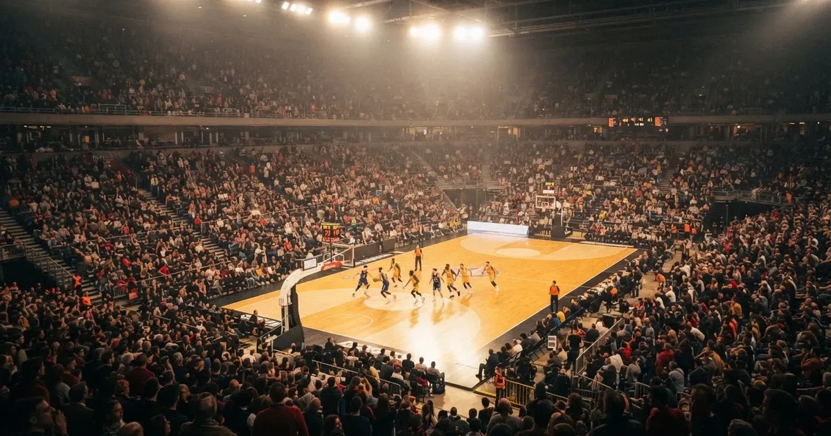 Un pabellón deportivo lleno bajo los focos, fotografiado desde muy lejos