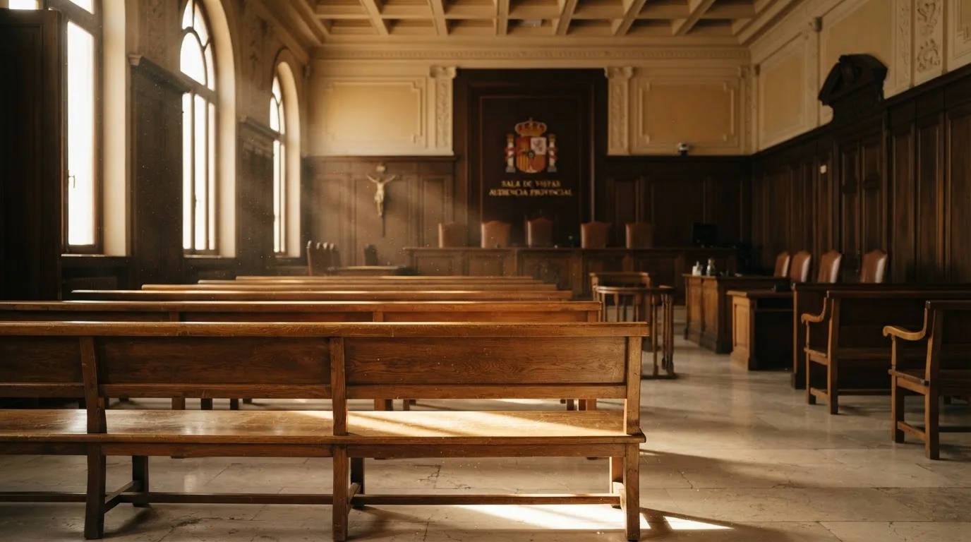 Una sala de tribunal vacía con bancos de madera a la luz de la mañana