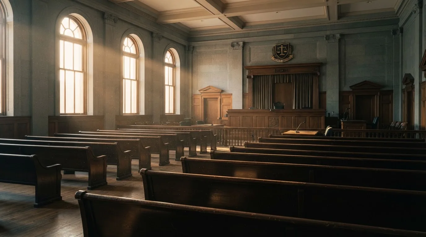 Una sala de tribunal vacía con bancos de madera a la luz de la mañana