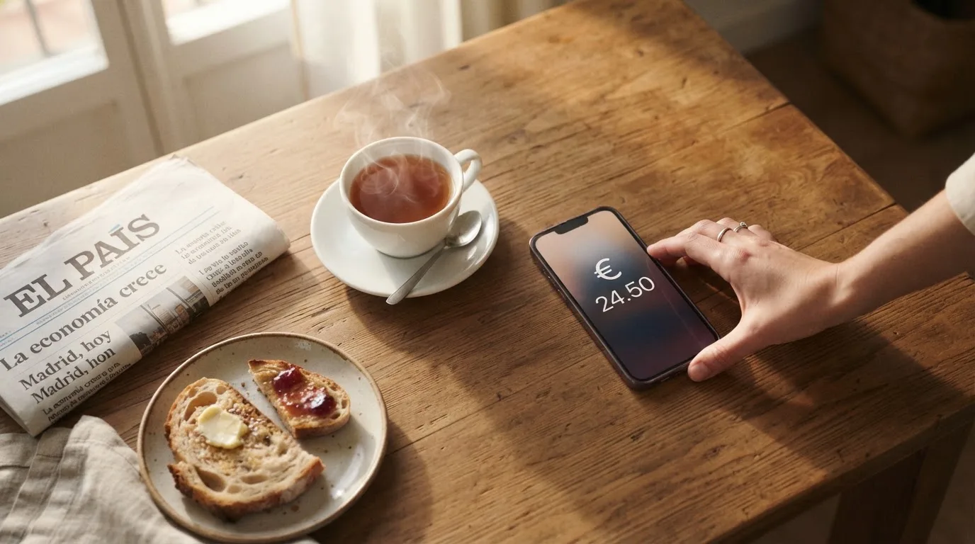 Una mano deja un móvil junto a una taza de té sobre la mesa de la cocina, una tarde tranquila