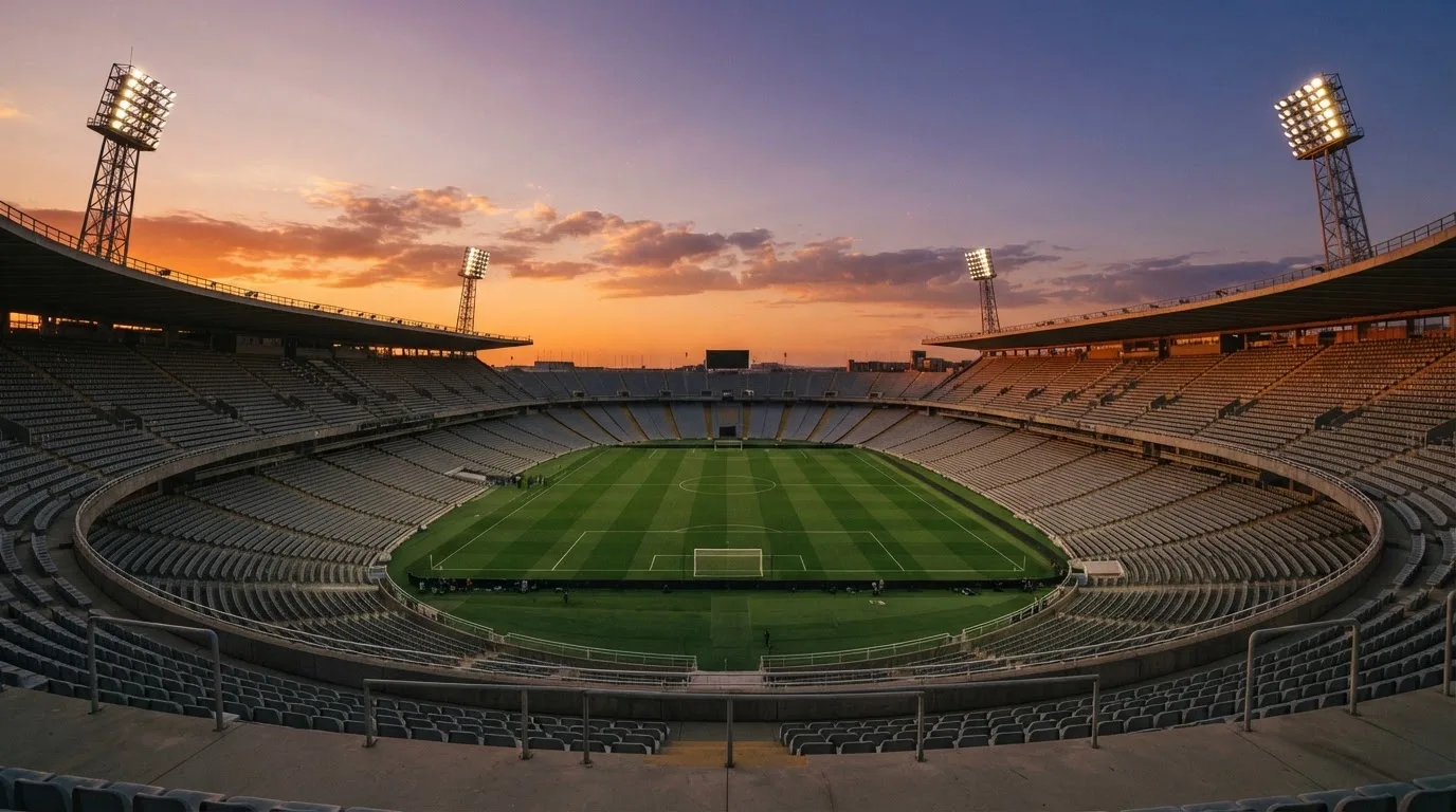 Un estadio de fútbol vacío con torres de iluminación al atardecer