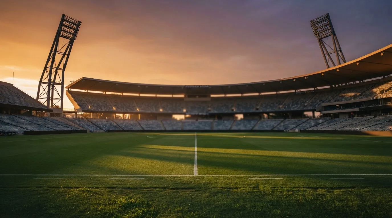 Un estadio de fútbol vacío con torres de iluminación al atardecer