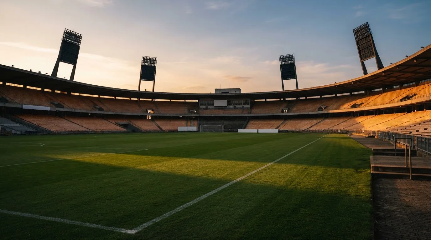 Un estadio de fútbol vacío con torres de iluminación al atardecer