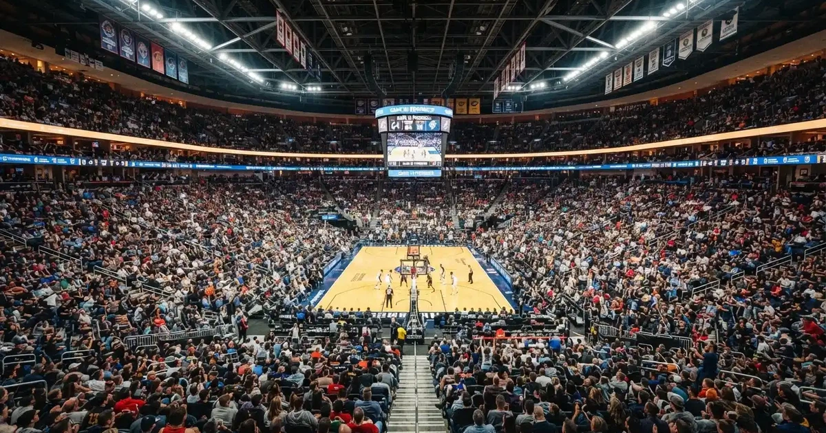 Un pabellón deportivo lleno bajo los focos, fotografiado desde muy lejos