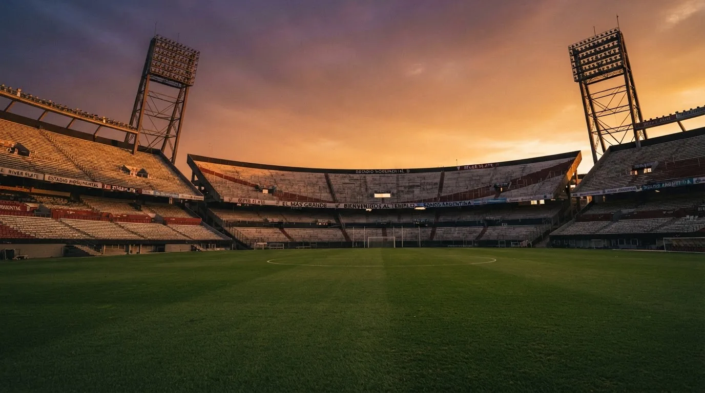 Un estadio de fútbol vacío con torres de iluminación al atardecer