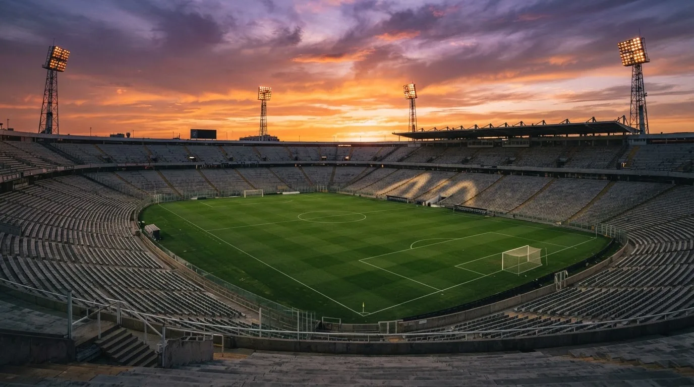 Un estadio de fútbol vacío con torres de iluminación al atardecer